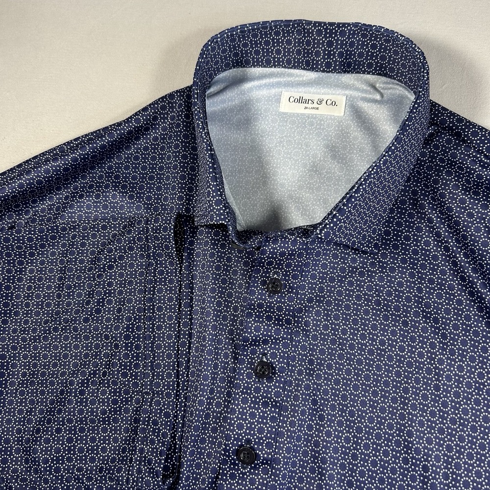 Collars & Co Dress Collar Polo Shirt Mens 2XL XXL Navy Blue Geometric Dot Print